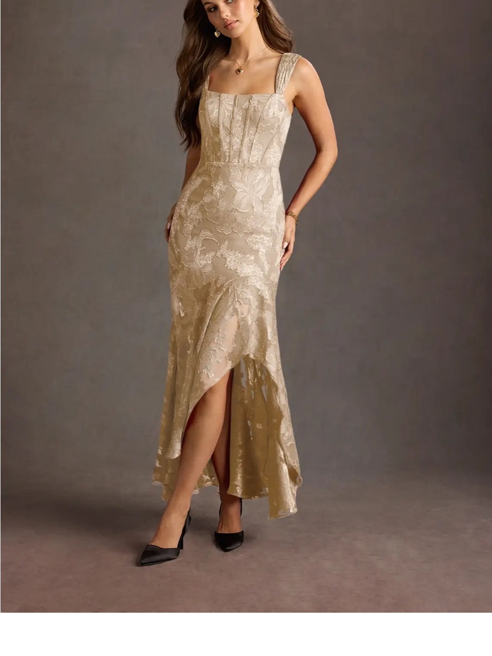 Azazie Remi Ivory Floral Burnout Maxi Dress with Square Neckline